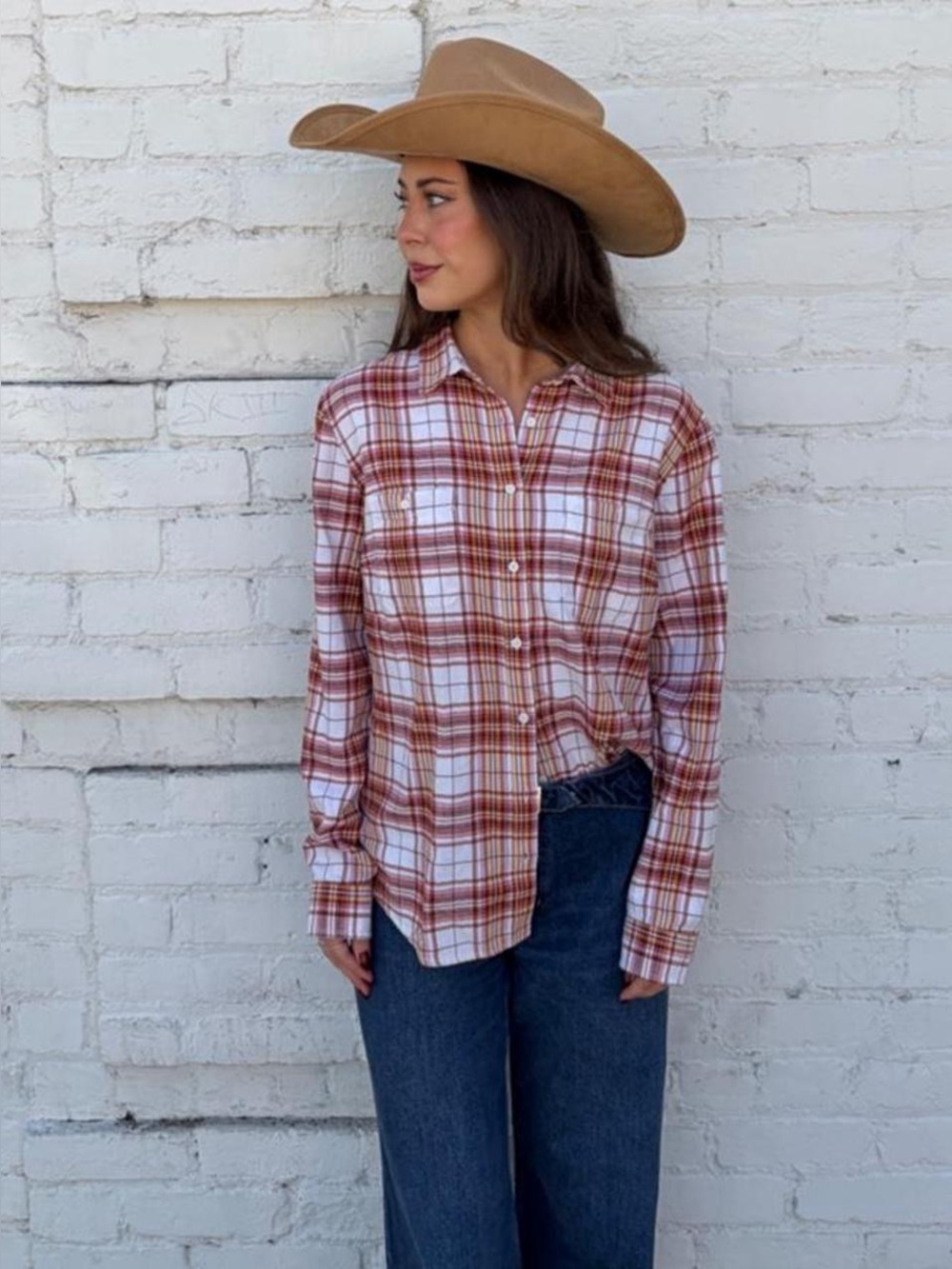St. John's Bay white and brown plaid flannel cotton button up shirt